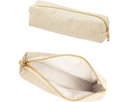 Etui van gordijnstof, draagbaar schooletui, grote capaciteit, makkelijke ritssluiting, geschikt voor tieners op school en op kantoor (beige)