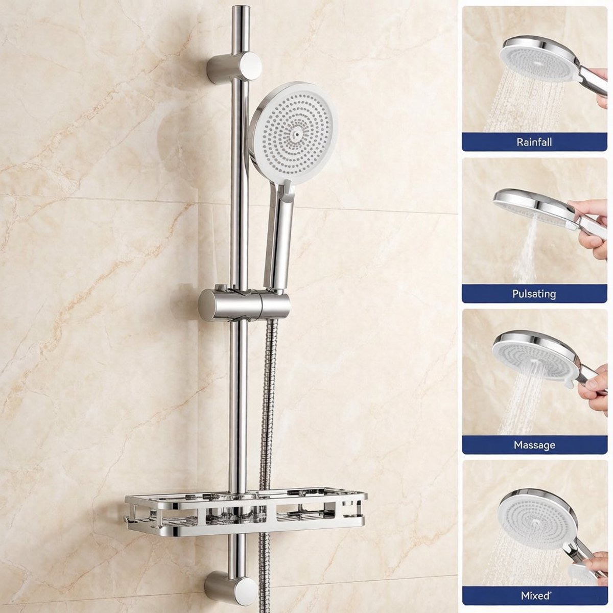 Auralum Max Doucheset - Douchekop Ø 12.6 cm - Inclusief Comfort Water Saver - 4 standen - 70 cm Glijstang - Met Zeepschaal - Chroom
