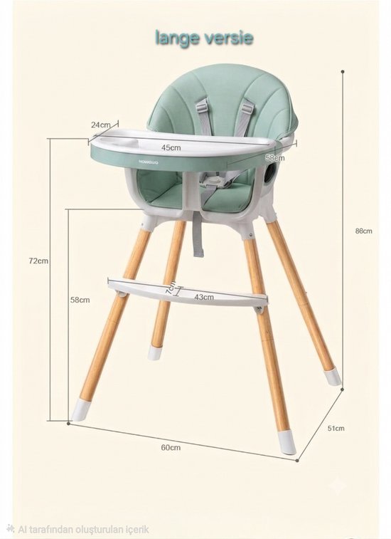 Mogi Products - 2-in-1 Meegroeistoel - Hoge Kinderstoel met Eetblad - Babystoel & Peuterstoel Hout-Look - Groen/Wit van Mogi Products — afbeelding 4