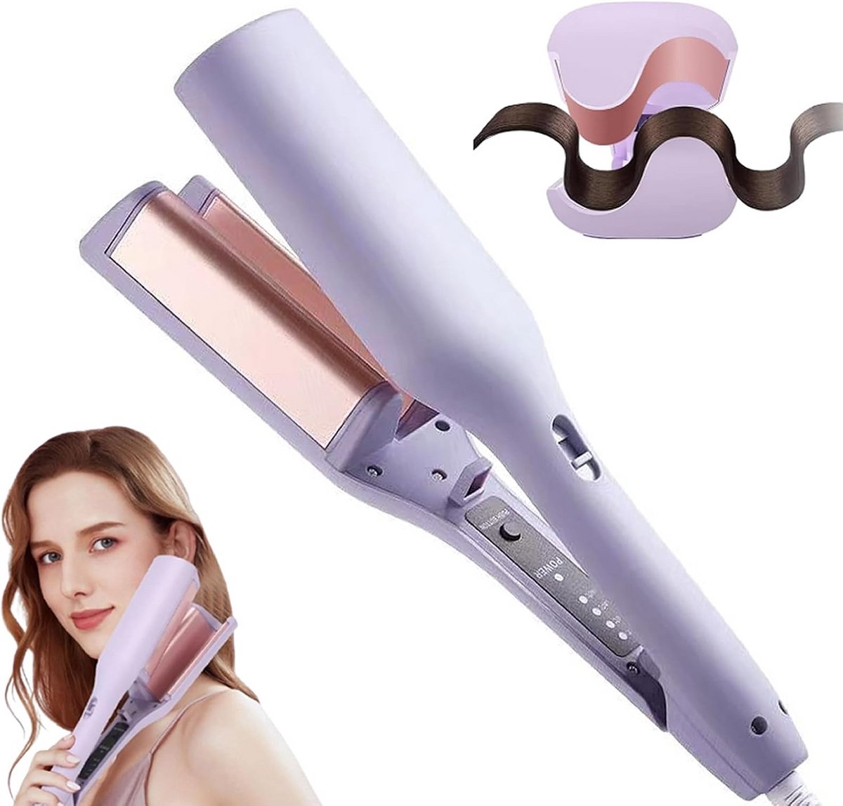 Franse krultang - Waver-krultang - 1,25 inch ionische krultang voor golvend haar met dubbele cilinder - 4 instelbare temperatuurstanden - Anti-verbrandingsbeveiliging - Snel opwarmende krultang voor brede, diepe golven (paars)