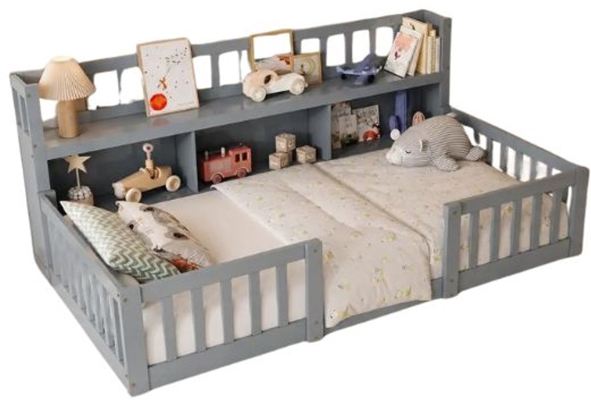 Emvae Bed - Eenpersoonsbed - 90x200CM - met Veiligheidsrails - met Opbergvakken - Massief Grenenhout - Grijs
