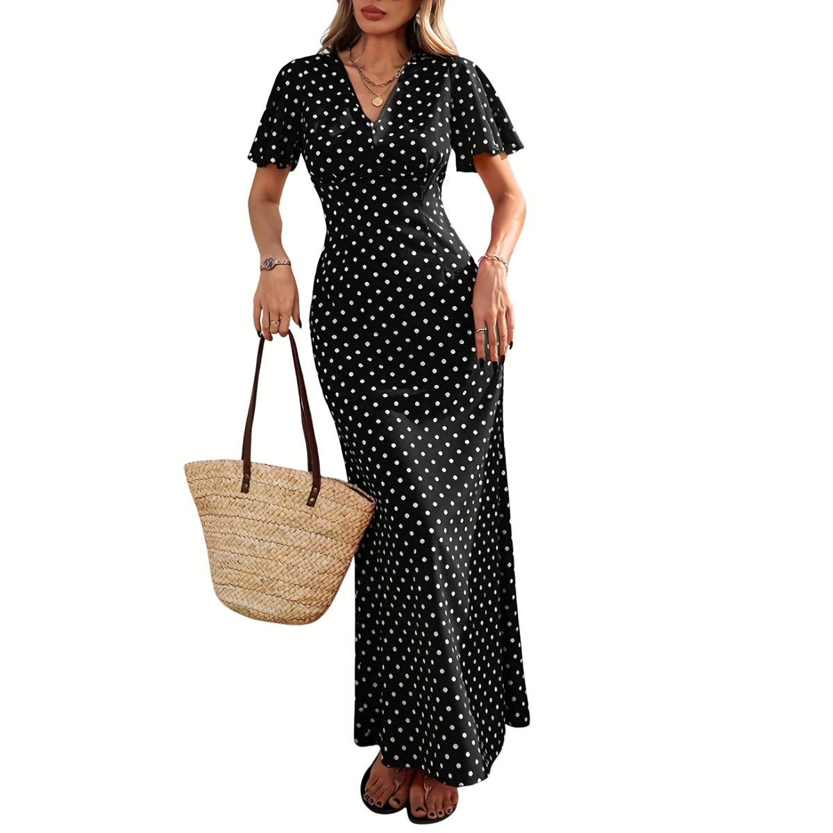 Currero Jurk Met Polkadots Stippen Zomerjurk Dames Zomerjurken Midi Jurk Volwassenen Ibiza Stijl Sundress Dress XL Zwart
