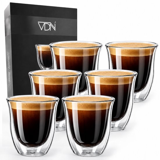 Ensemble de six verres à double paroi remplis de café, à côté d'une boîte noire.