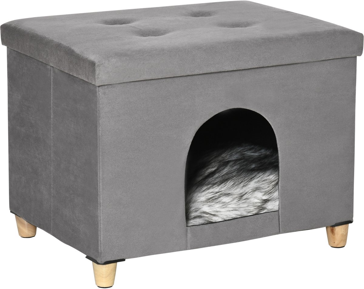 Kattenkubus - verhoogd ontwerp met uitneembaar - wasbaar zacht kussen - comfortabele voetsteun - openslaand deksel - grijs