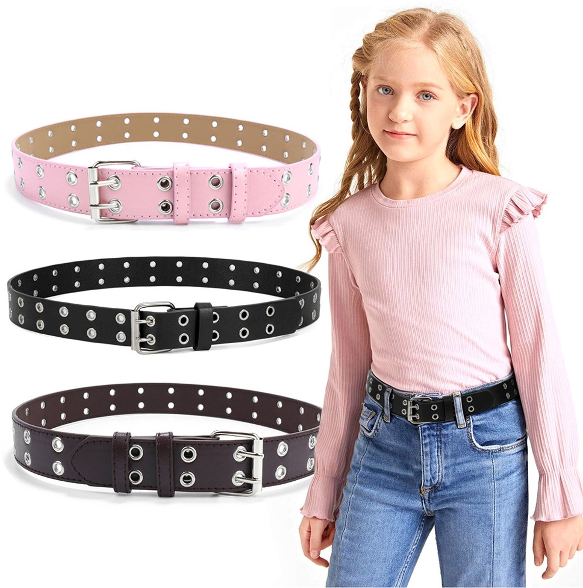 Kinder Punk Riem – Y2K Jeansriem Meisjes – Dubbele Grommet Riem met Metalen Oogjes – PU Tailleband voor Jeans, Broek & Streetwear – 90 cm – Set 3 Stuks