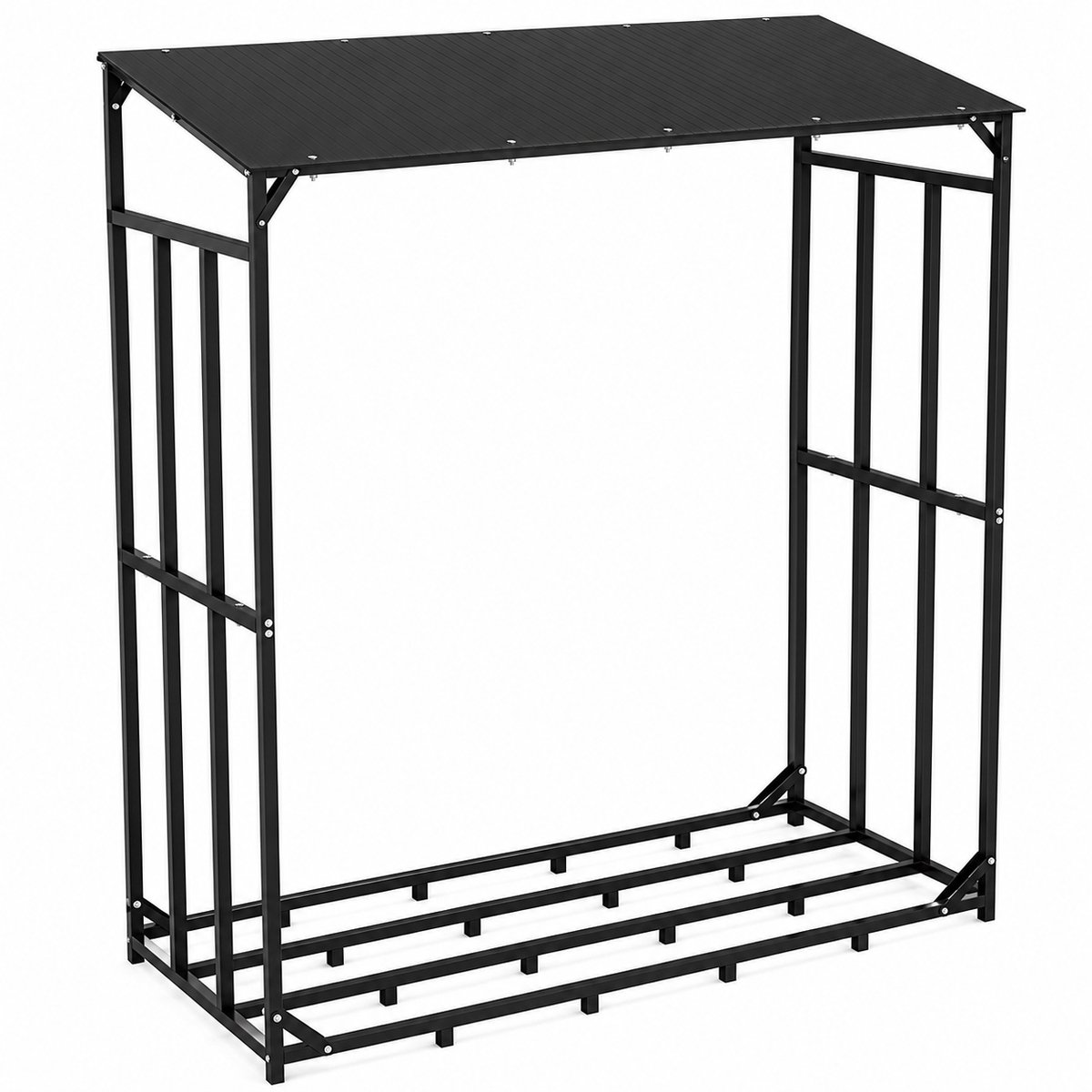 DPLUNIQ Opbergrek - Rek - Hout - Robuust - Bovenklep - Max. 300kg - Brandhout - 7cm Boven de Grond - Metaal - Zwart