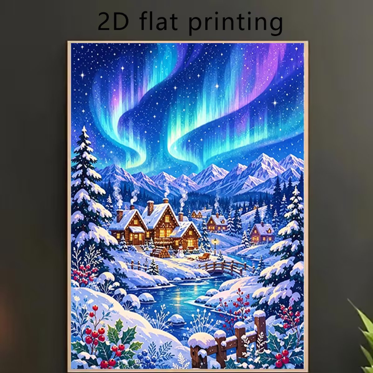 diamond painting Noorderlicht gaat over dal van huizen en rivier sneeuw bergen en bomen 30 x 40 cm