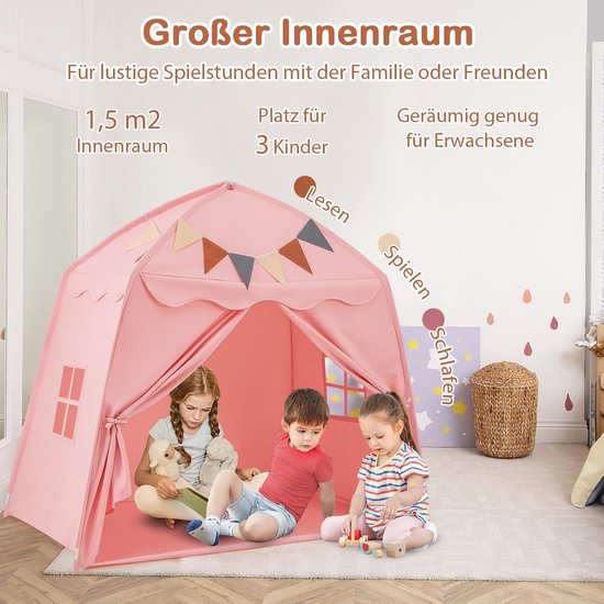 COSTWAY Speelhuisje voor kinderen, kindertent met vlaggen en lichtkettingen, prinsessenspeeltent, grote tent voor kinderkamer voor jongens en meisjes vanaf 3 jaar, 157 x 98 x 148 cm (roze) van COSTWAY — afbeelding 2