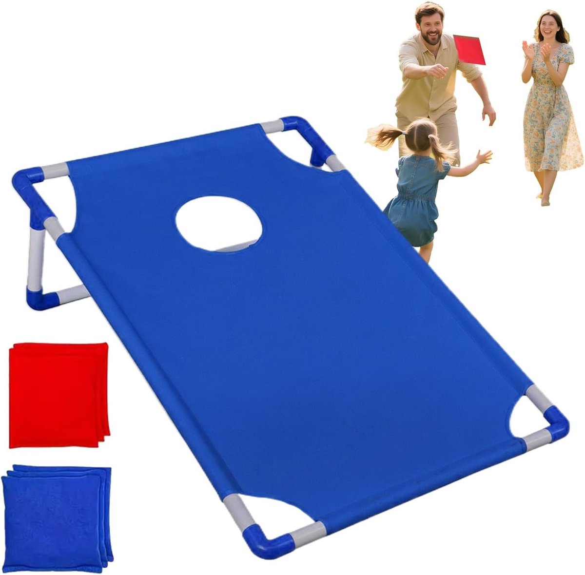 Blauw Cornhole Spel - Bean Bag Game - Buitenspel met pittenzakken voor volwassenen en het hele gezin - strand, camping, tuinspel en meer.