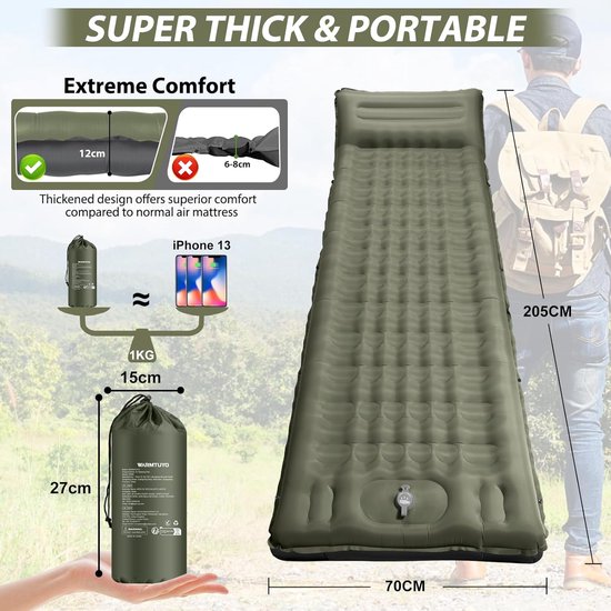 Zelfopblazende Slaapmat - Luchtbed Kamperen - Outdoor Slapen - 12 cm Dik - 200x68 cm - Legergroen — afbeelding 5