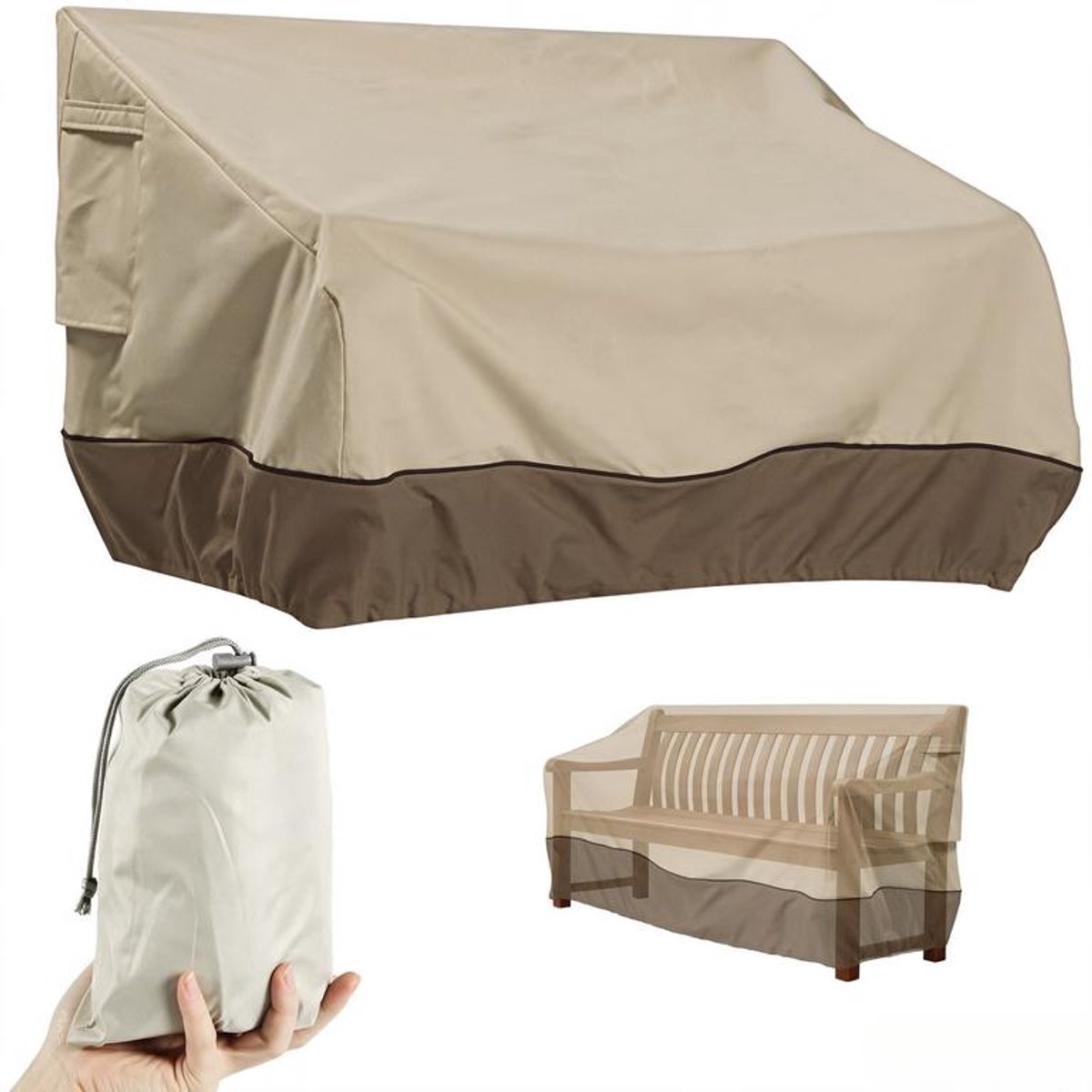 KZQ Meubelhoes - Bankhoes - Tuinbankhoes - Waterdichte tuinbankhoes - Inclusief opbergtas - Waterdicht, stofdicht, winddicht, scheurvast - 147 x 83 x 79 cm - Beige