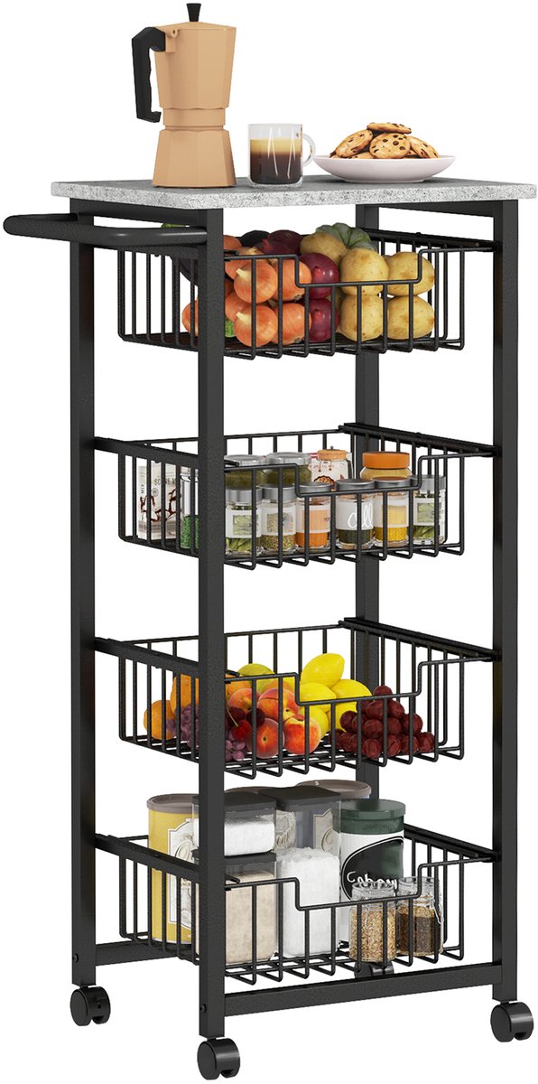 Keukenwagen met werkblad — 4 uittrekbare stalen manden — kantoorwagen — 49,5 x 31 x 91 cm — lichtgrijs