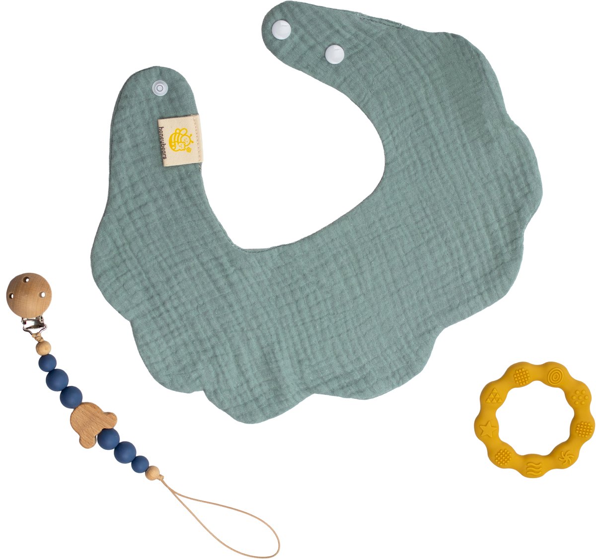 Kraamcadeau set baby – hydrofiele slab, speenkoord & bijtring – groen