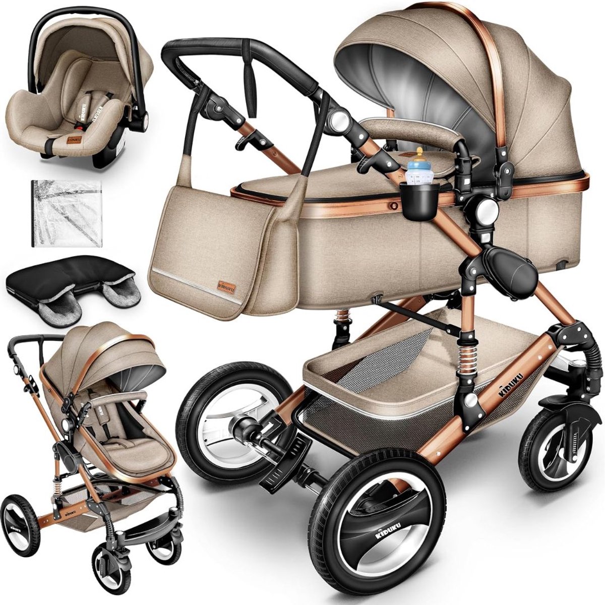 LNMsolutions® Kinderwagen - Kinderwagen 3 in 1 - Wandelwagen - Beige/ Koper Goud - 87cm x 65cm x 112cm