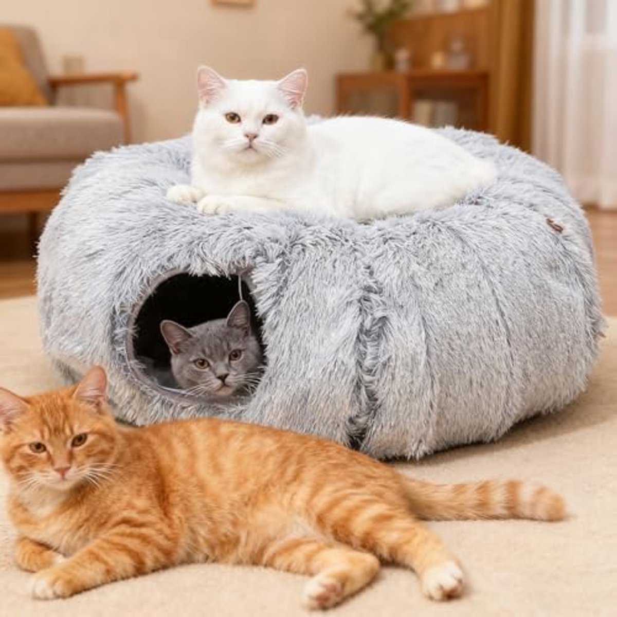 Kattentunnel voor Katten - Pluche Kattenbed - Speelbal - 2 Ingangen - Grijs