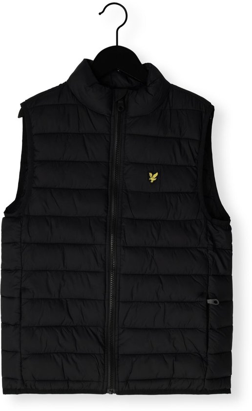 Gilet matelassé noir Lyle & Scott avec aigle jaune brodé sur la poitrine.