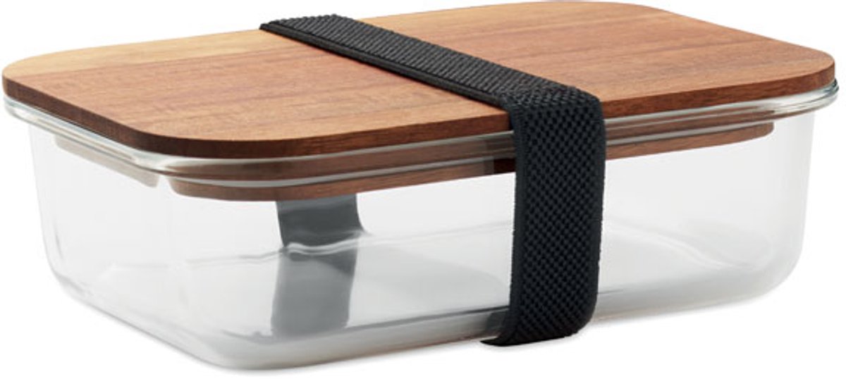 Lunchbox van glas met acaciahouten deksel en RPET elastieksluiting. Inhoud: 800ml FSC®-certified Helder Glas