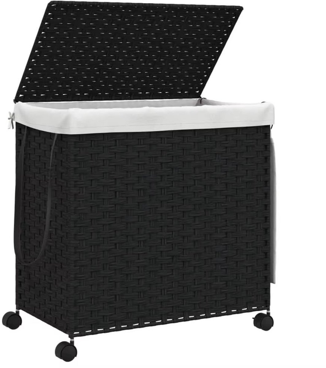 JOYNEXTBUY - Wasmand met Wielen en Deksel – Rotan Wasmand - Uitneembare Waszak - 3 Compartimenten – Wasgoed Organizer – Zwart