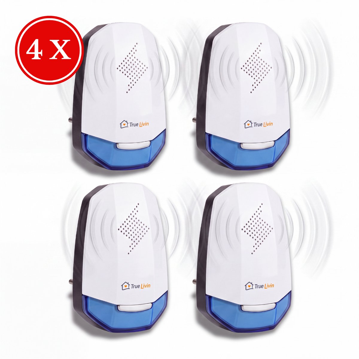 True Livin Muizenverjager 4-Pack - Ultrasone Ongediertebestrijder voor Muizen, Ratten, Vliegen & Insecten - Diervriendelijk & Gifvrij - Voor Stopcontact
