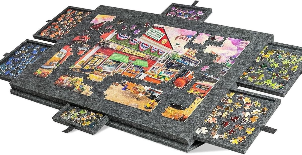 Puzzeltafel - Donkergrijs - 77 x 53,6 x 4,2 cm - Vilt Puzzelorganizer met 6 Laden - Voor Puzzelfans