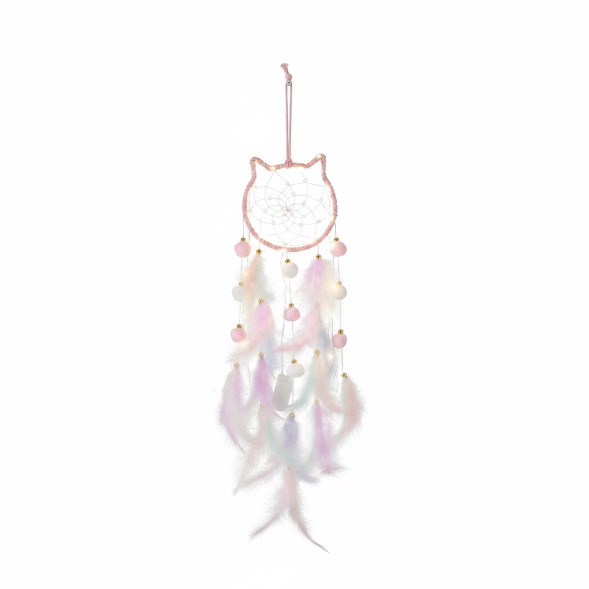 Poes Dromenvanger met LED Verlichting 55 cm – Kat Dromenvanger met Veren – Roze Wanddecoratie Kinderkamer & Meisjeskamer – Slaapkamer Decoratie – Cadeau voor Meisjes