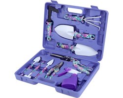 Coolty Set tuingereedschap, 10 stuks, met paarse bloemenprint, ergonomische handgreep, schop, spade, harkje, schepje, snoeischaar, plantenspuit, met draagtas, tuingeschenken