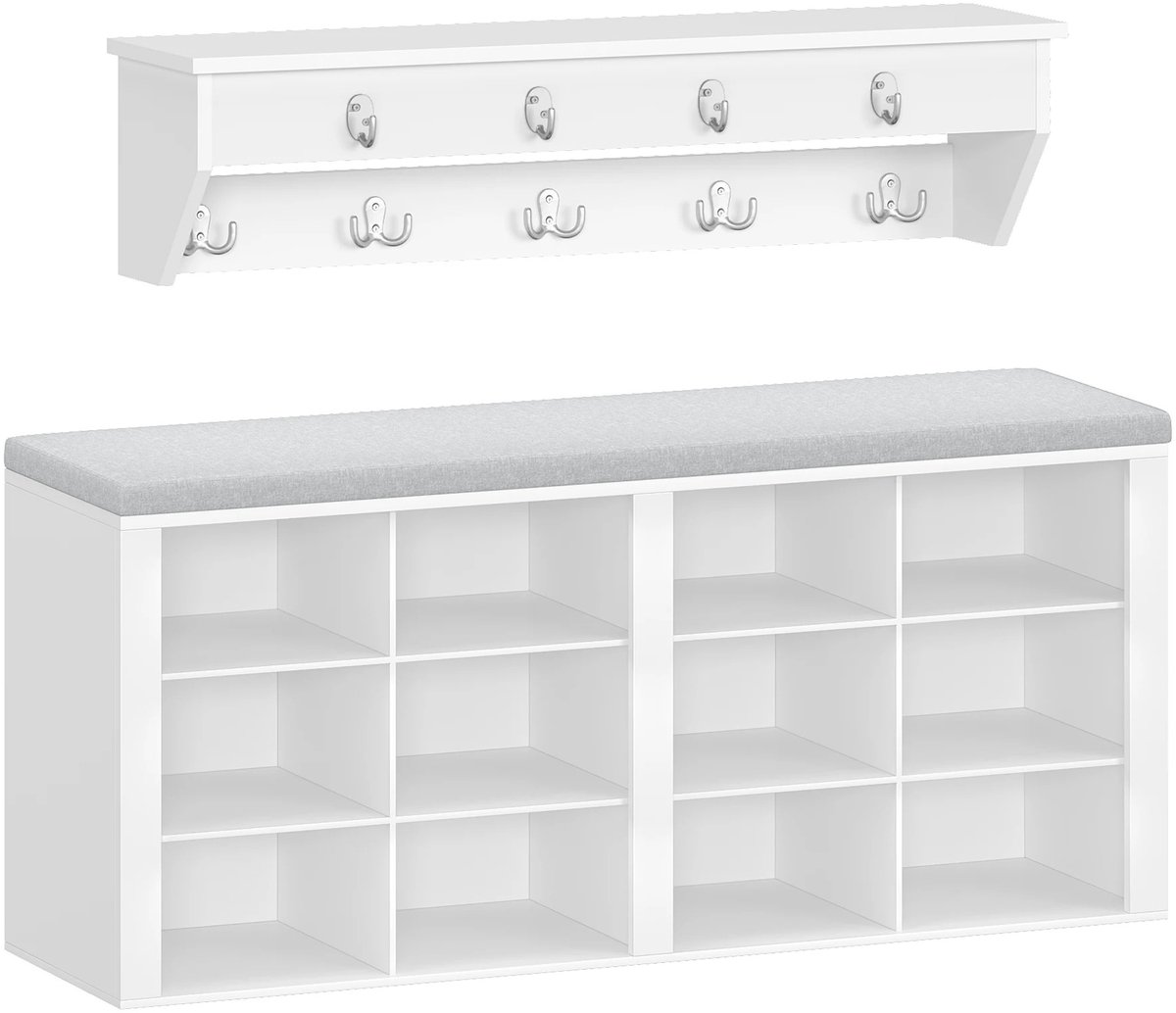 Gudalio Kapstok met Bank - Wandkapstok - Schoenenrek - Schoenenbank - 30x104x49 cm - 9 Haken - 12 Vakken - Hout - Wit & Lichtgrijs