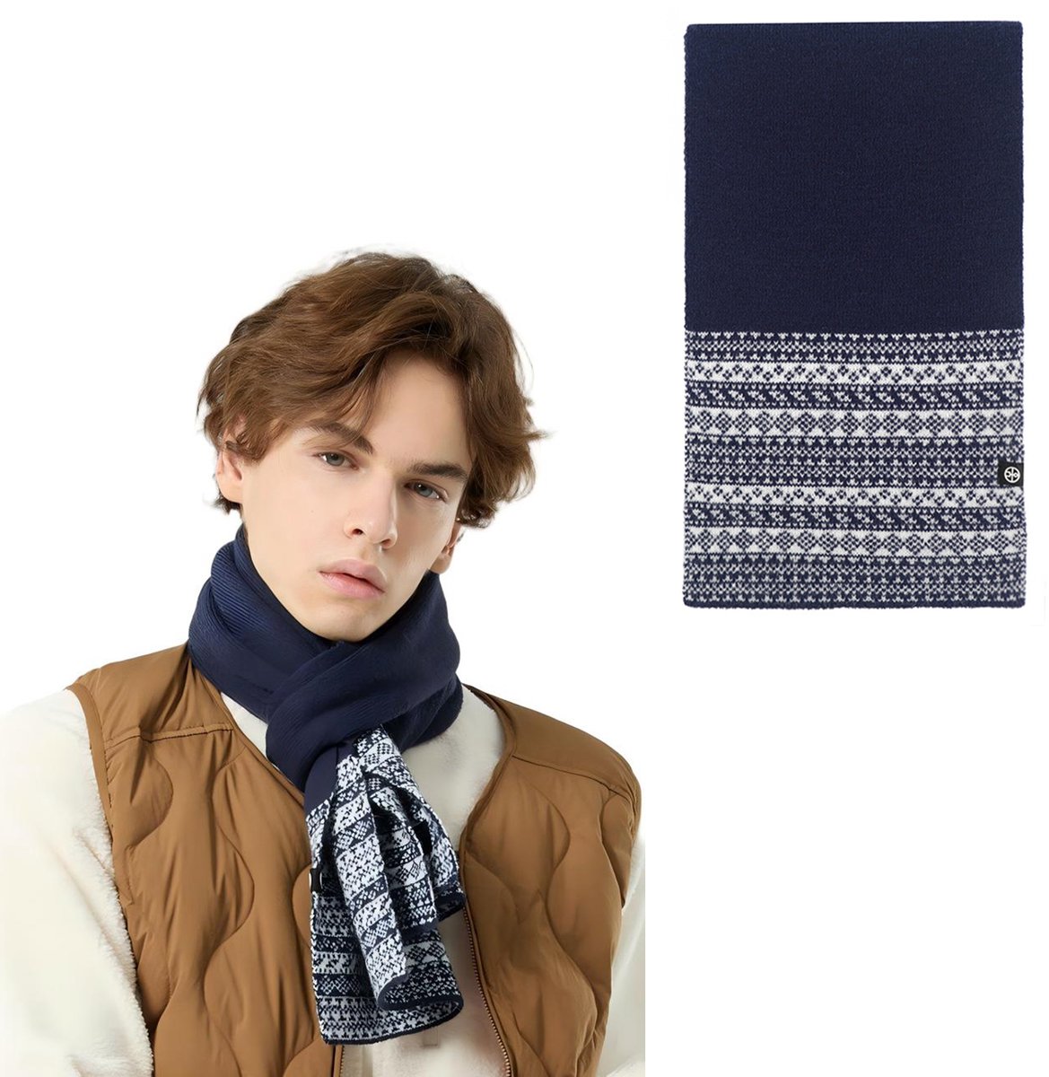 Gebreide Sjaal Heren Winter – Donkerblauwe Fair Isle Sjaal met Jacquard Patroon – Warme Nekwarmer – Zacht & Dik Gebreid – Engelse Vintage Stijl – Voor Herfst & Winter – 1 Stuk