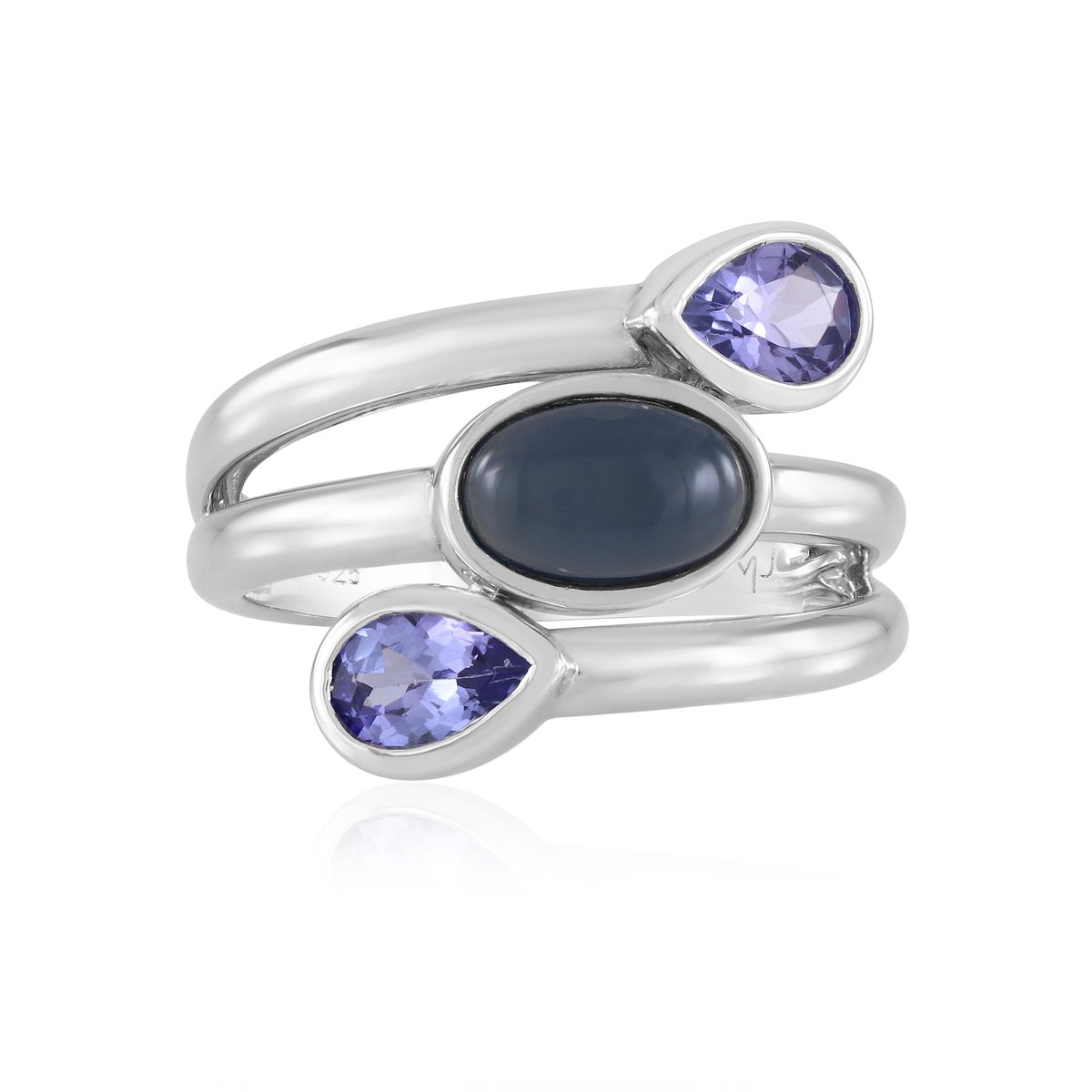 Cavill - 925 Sterling Zilver Ring met 1,49 ct Blauwe Opaal & 0,18 ct Tanzaniet - Gerhodineerd - Ovale Cabochon Edelsteen - Elegant Design