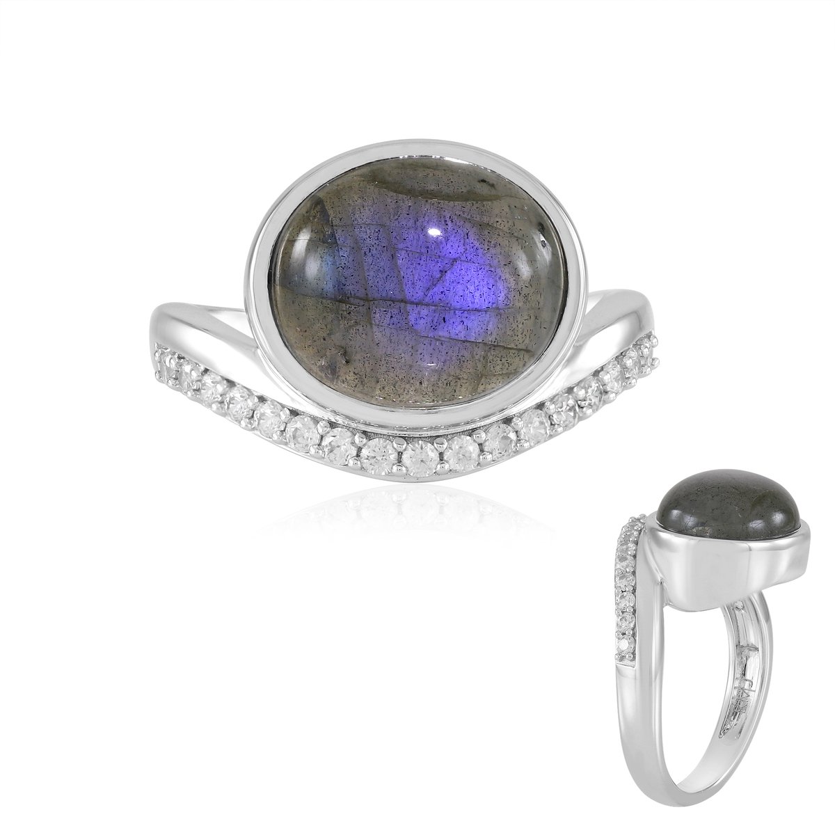 Cavill - Verstelbare ring 925 Sterling Zilver - 3,6 ct Blauwe Minary Labradoriet ovaal - 17 fonkelende zirkonia - Elegante damesring