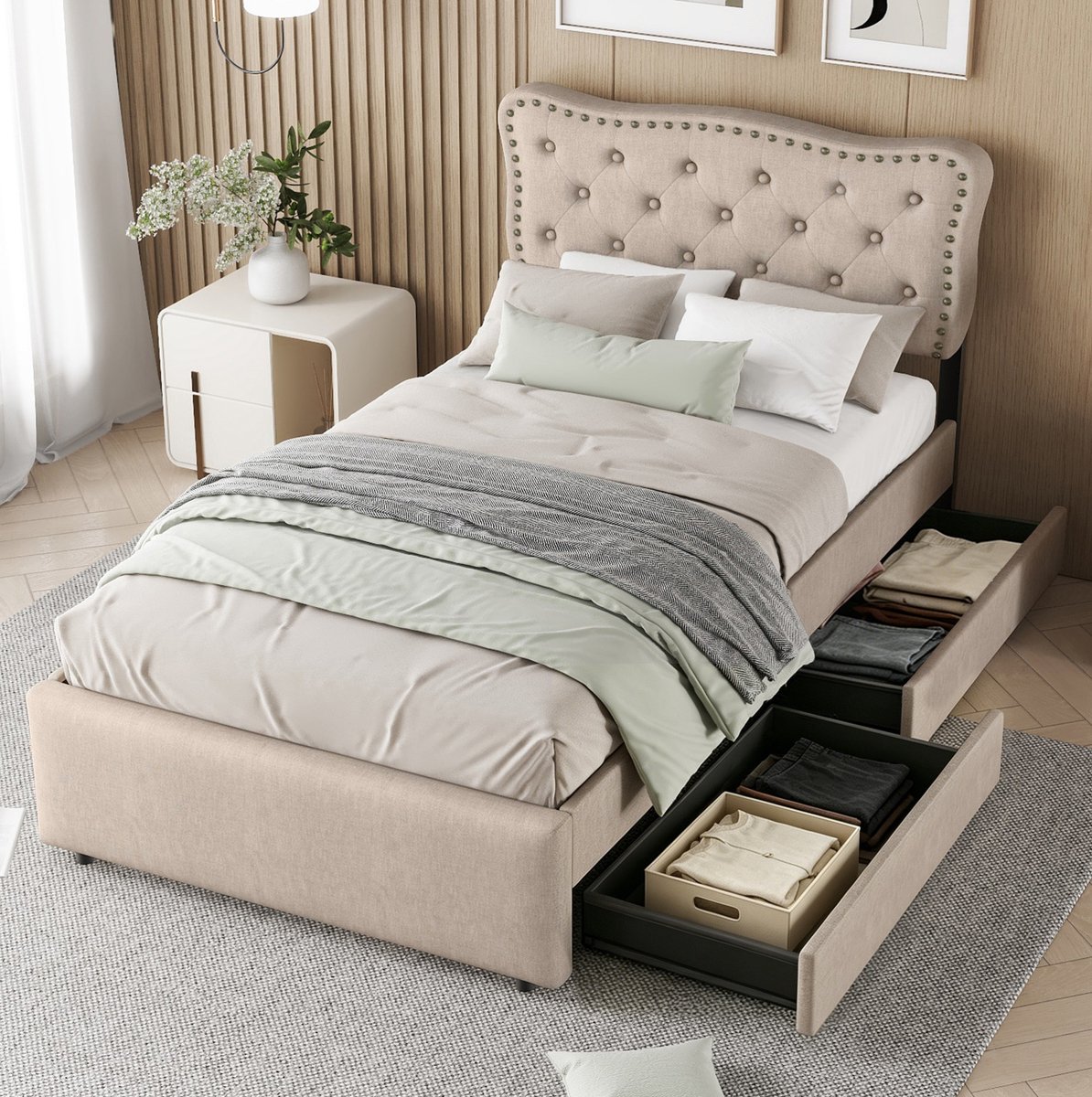 COVREO Bed 90x200 cm donkerbeige, MDF en stof, met 2 opberglades