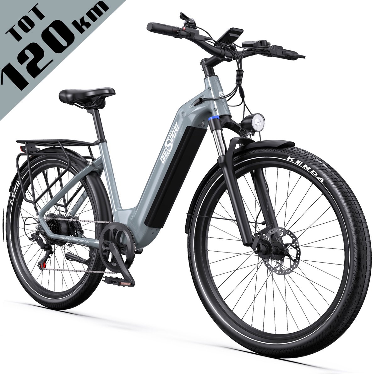 ONESPORT elektrische stadsfiets - tot 120 km actieradius - koppelsensor - 655Wh accu - hydraulische schijfremmen - mobiele app - Shimano 7 versnellingen - grijs