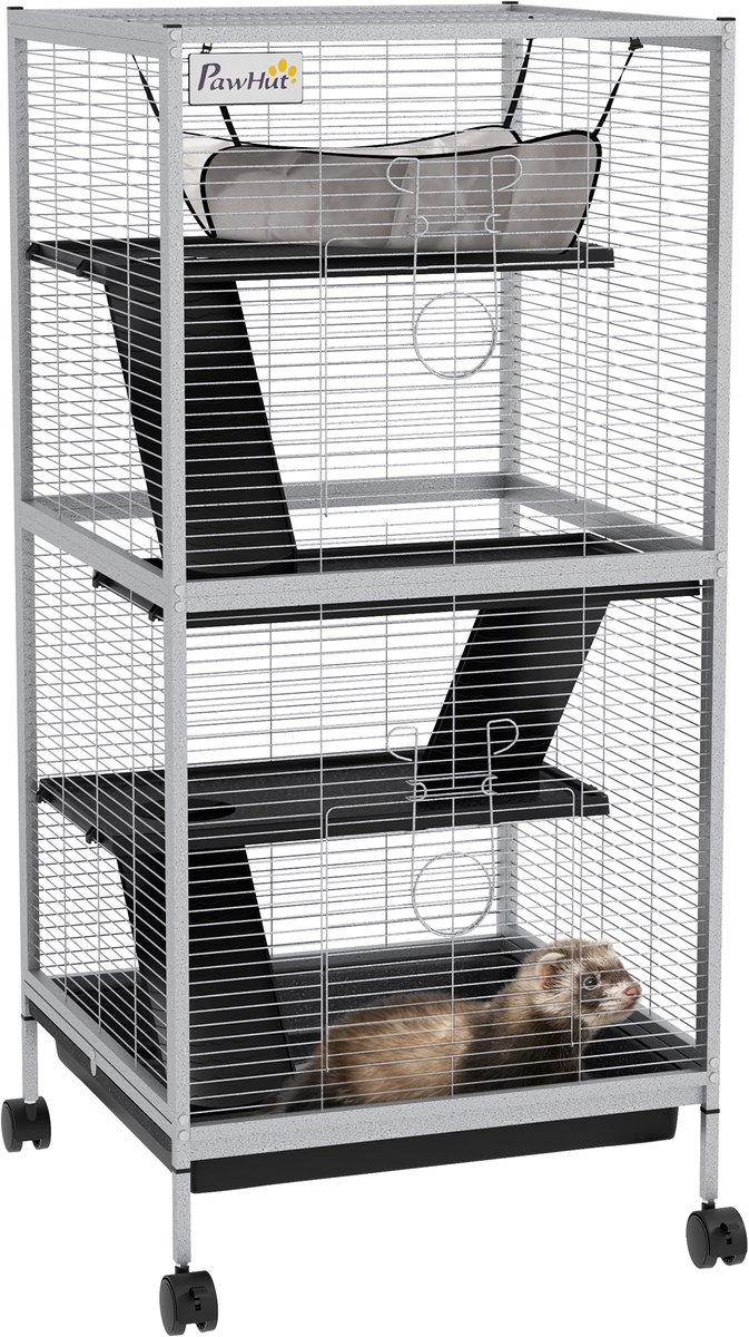Dierenkooi – Kleine dierenkooi met looprad – 4-verdiepingen – Geschikt voor chinchilla’s en eekhoorns – Voorzien van opbergrek, lade, voerbak, drinkfles en helling – Antracietgrijs