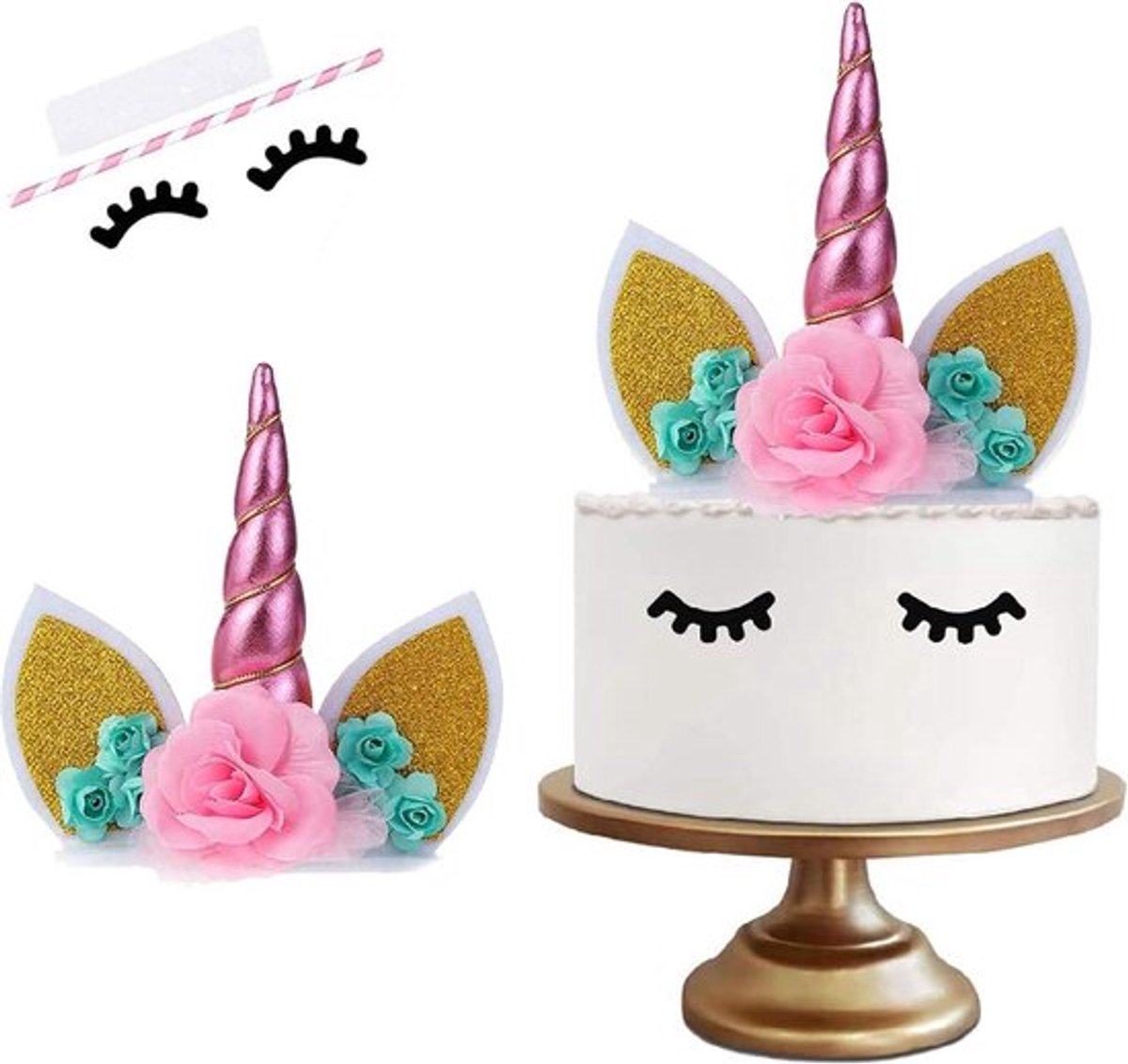 Taarttopper eenhoorn - Roze decoratie voor verjaardag, bruiloft, feest & babyshower