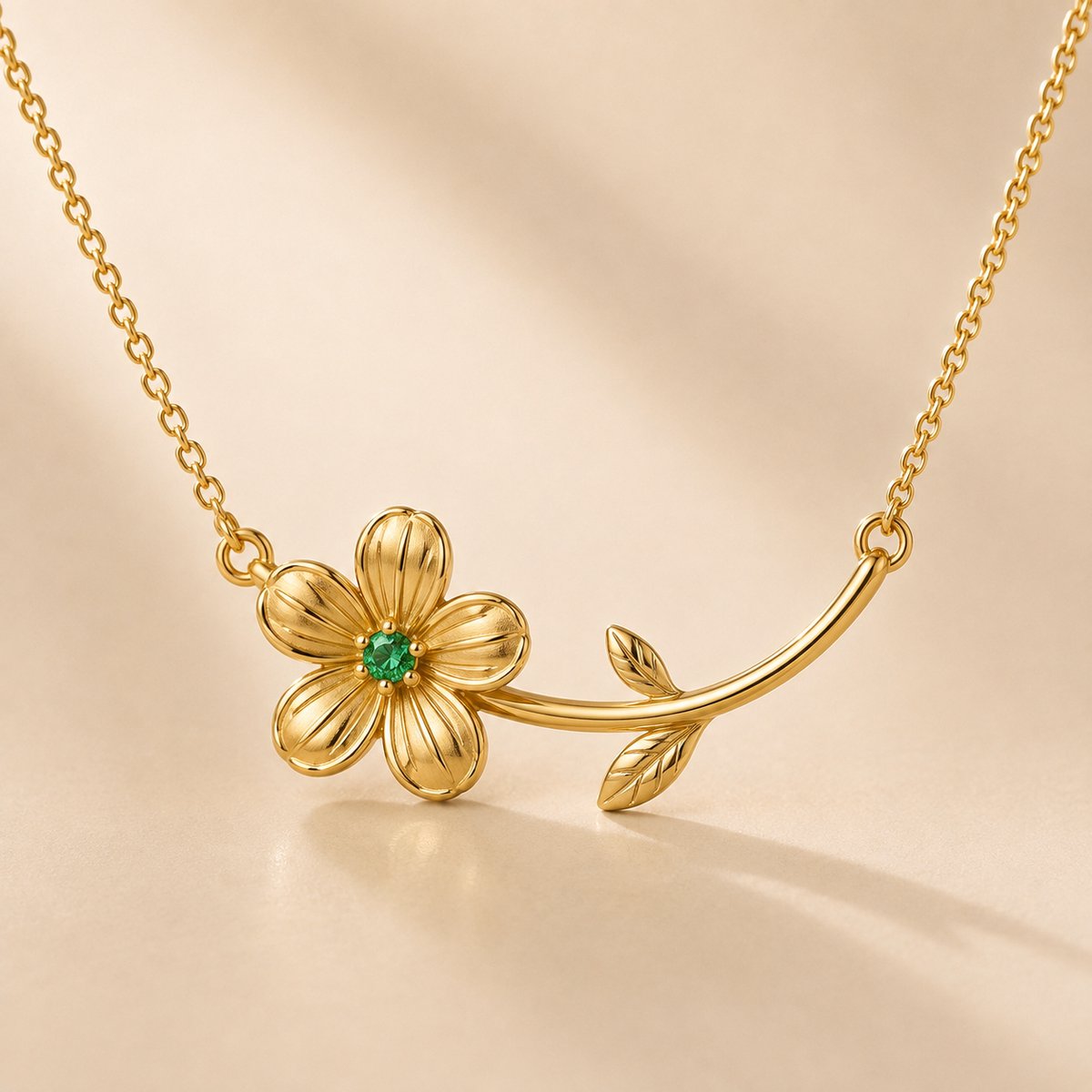 Maevi® Ketting met Geboortebloem & Geboortesteen - Kleur: Goud - Maand: Mei - Roestvrijstaal / RVS / Stainless Steel - Hoge Kwaliteit - Verkleurt niet - Incl. Luxe Verpakking - Cadeau Dames / Moeder / Mama - Kraamcadeau / Geboortecadeau