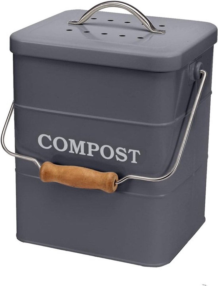 Roestvrijstalen compostemmer voor keuken - 1 gallon keukenafvalemmer met houtskoolfilter - compostemmer met deksel - grijs