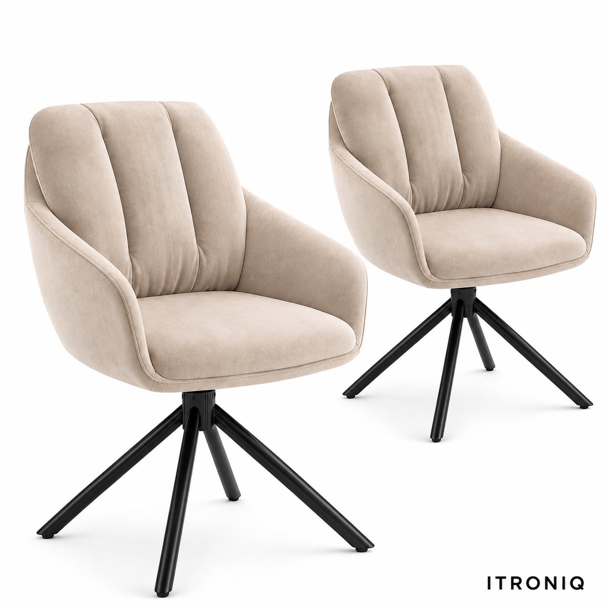 ITRONIQ Draaibare Eetkamerstoelen Set van 2 - Velvet Eetkamerstoel met Armleuningen - Metalen Onderstel - Gewatteerd - Beige