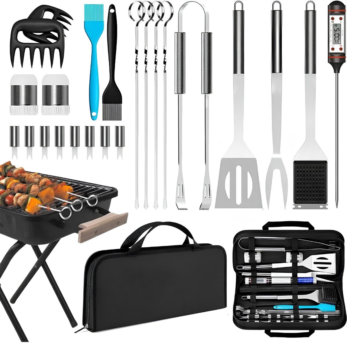 Ploutos® BBQ Gereedschap - Barbecuegereedschapset - Professionele Barbecue Accessoires - Zwart/Zilver - 25cm x 40cm x 7cm