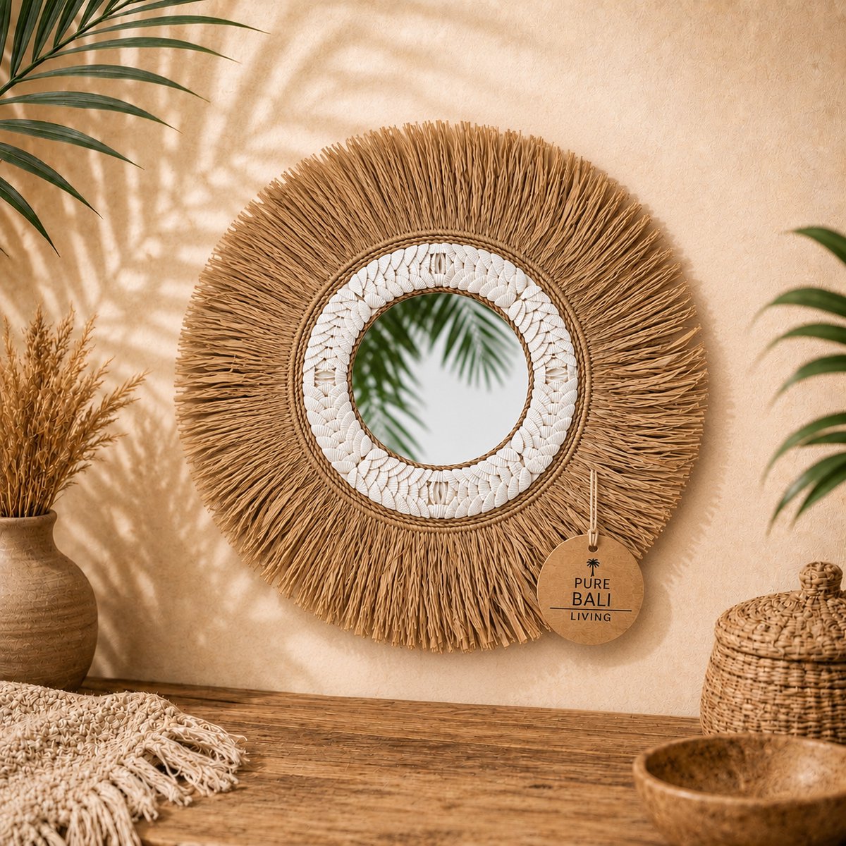 Rotan Wandspiegel – Naturel & Wit – Schelpen – Bohemian Wanddecoratie – Ø50 cm