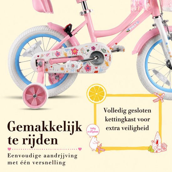 Vankel Meisjesfiets - 12/14/16 inch - Prinses Bloemendesign - Met Zijwieltjes, Roze Rieten Mand en Poppenzitje - Roze — afbeelding 3