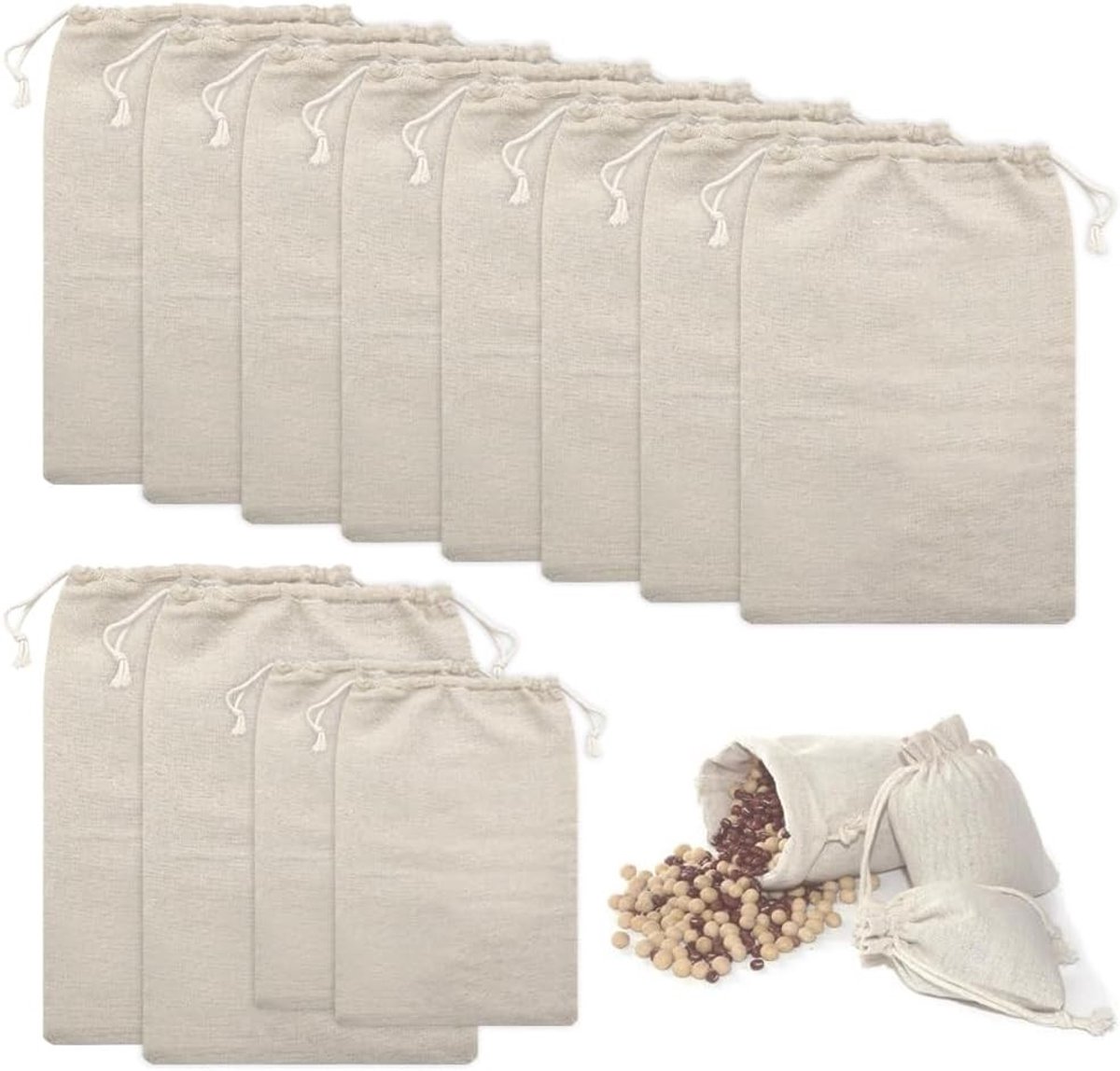 Katoenen Zakjes met Trekkoord - Natuur - 20 x 30 cm - Herbruikbare Stoffen Tassen voor Opbergdoeleinden - Voor Divers Gebruik