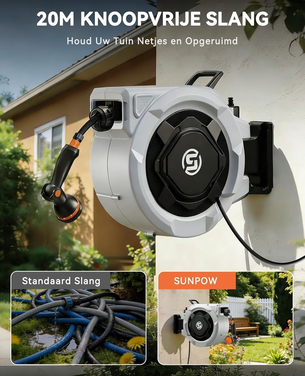 Tuinslanghaspel - 20m x 16mm - Automatisch Oprolsysteem met 10 Sproeimodi - Voor Gazon en Tuin