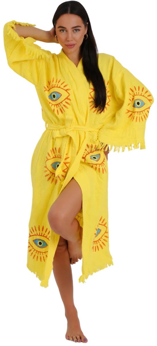 Kimono dames - 100% biologisch katoen - sauna badjas - zomer badjas - absorberend - handgemaakt - geel