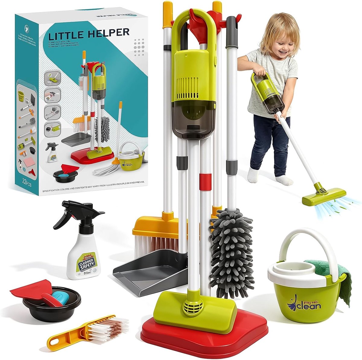 Schoonmaakset Kinderen - Speelgoed Stofzuiger - Gesimuleerde Zuigfunctie - Complete Set met Bezem, Dweil en Plumeau - Eenvoudige Montage - Educatief Rollenspel - Voor Kinderen vanaf 3 Jaar, Thuis en Samen Spelen