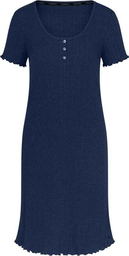 Donkerblauw nachthemd met korte mouwen, knoopjes bij de hals en geribbelde stof.