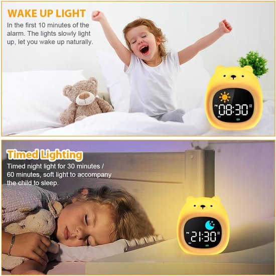 Digitale Wekker Kinderen - Slaaptrainer Nachtlampje - Kinderen Leren Klokkijken - Zonsopgang Simulatie - 11.7 cm breed - Beer — afbeelding 3