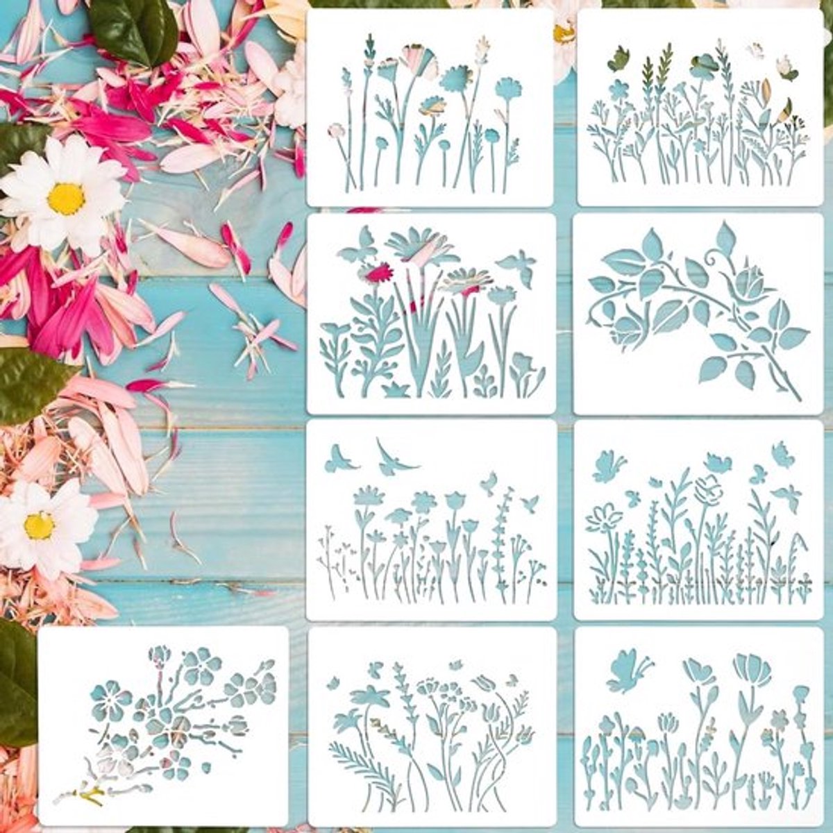 Bloemensjablonen set - herbruikbare lentesjablonen voor schilderen en knutselen - 9 stuks