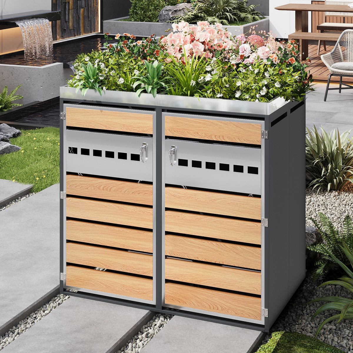 COVREO Containerberging 132x80x124,5 cm grijs, metaal met plantbak