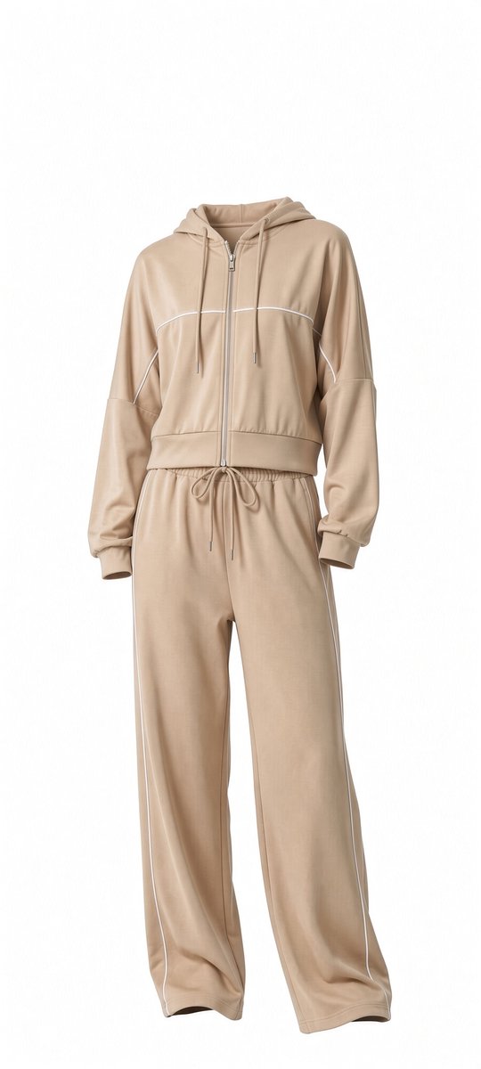 Wide leg huispak dames - Cropped hoodie - Khaki - Maat 38/40