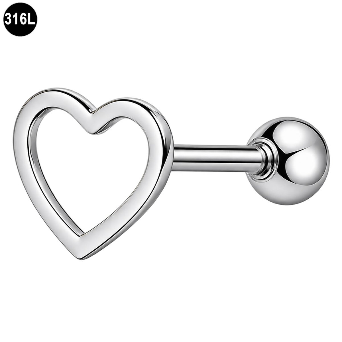 Helix Piercing - met Open Hartje – Zilverkleurige - Tragus Piercing – 1.2 x 6 mm – 316L Chirurgisch Staal - Hart - Oorpiercing voor Kraakbeen